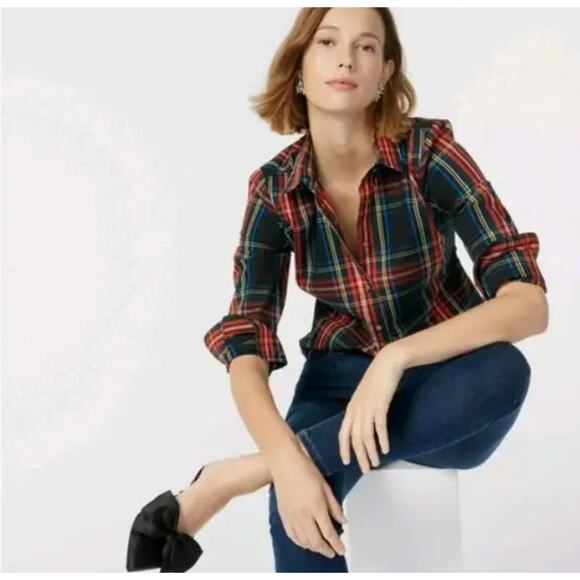 J. Crew Slim Stretch Perfect Shirt in Black Stewart Tartan Plaid Size 6 - Picture 1 of 8
